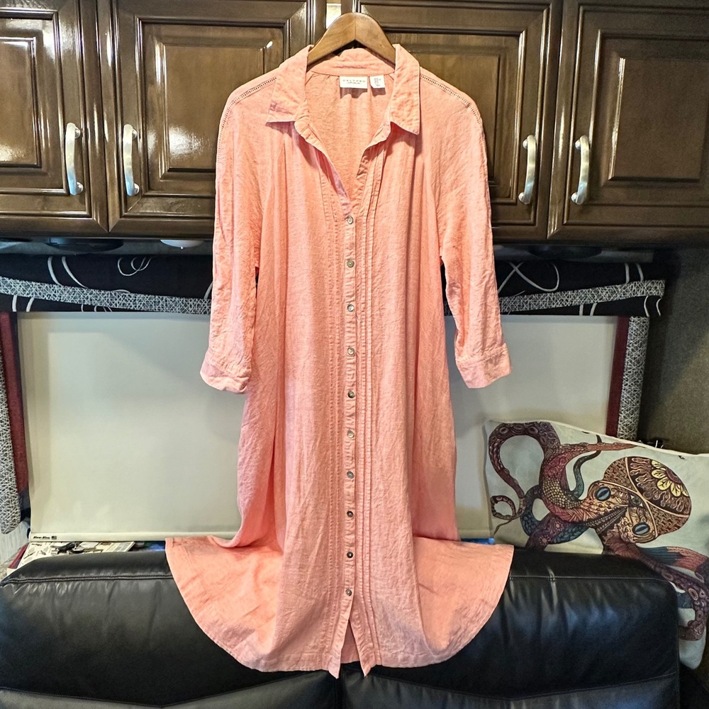 Calypso St Barth Coral Linen Blend Button Front Shirt Dress Midi Sz M Resortwear